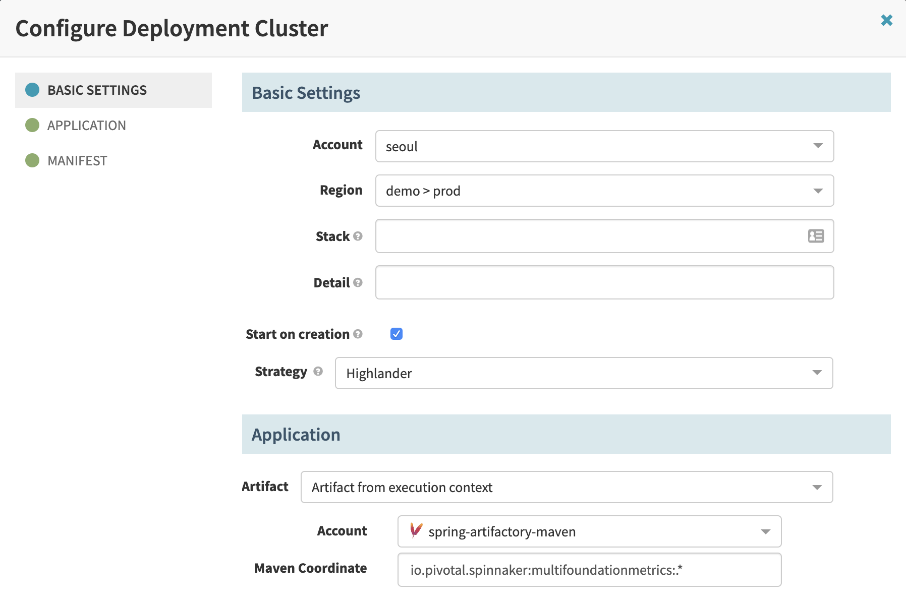 In a Deploy stage, choose a Maven artifact as the application source for a server group.