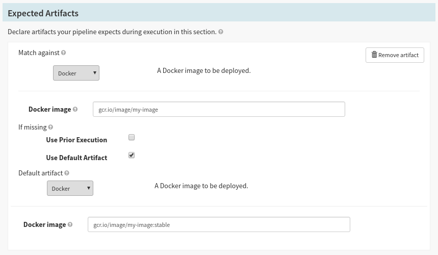 The UI provides short-hand for defining some types of artifacts—in this example a docker image. This is optional, but helps quickly define common types of artifacts.